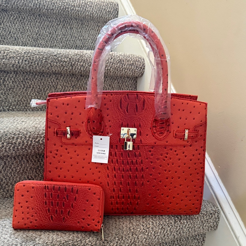 Red Structured Tote Bag with Matching Wallet